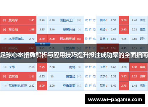 足球心水指数解析与应用技巧提升投注成功率的全面指南 足球心水指数解析与应用技巧提升投注成功率的全面指南